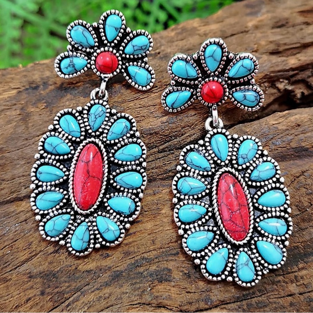 Turquoise and Red Floral Dangle Earrings
